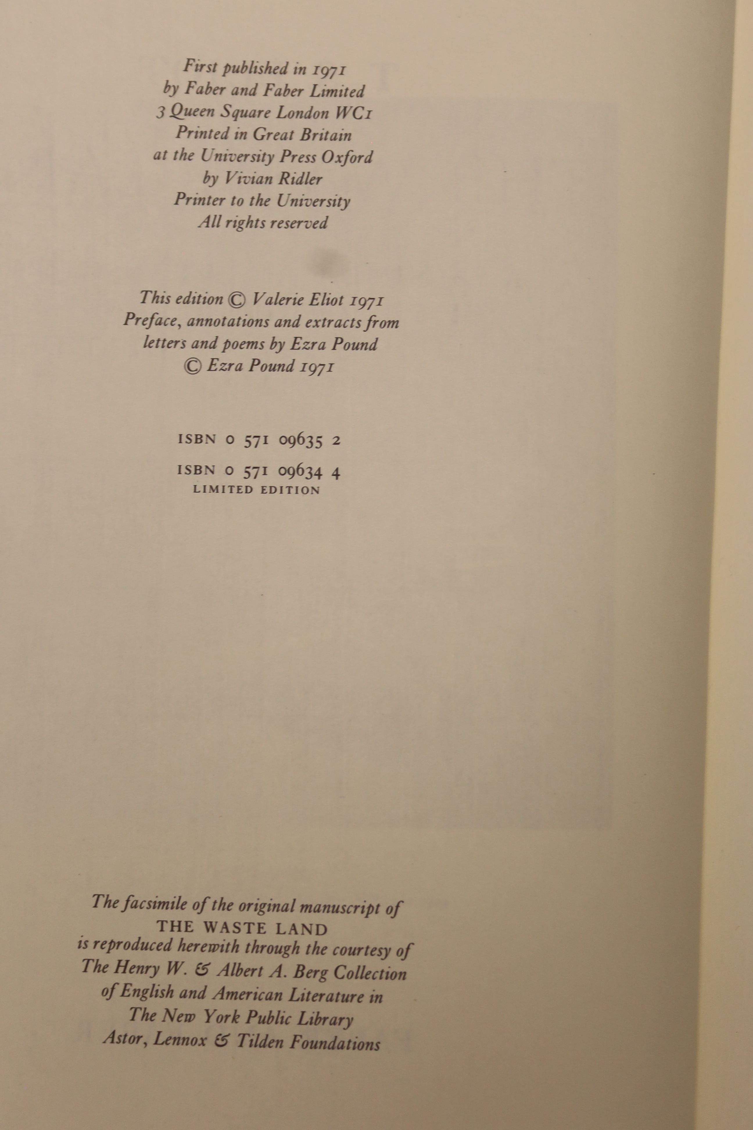 Eliot, T.S. – The Waste Land: a facsimile and transcript of the original drafts …, edited by Valerie Eliot, limited edition (500 numbered copies)